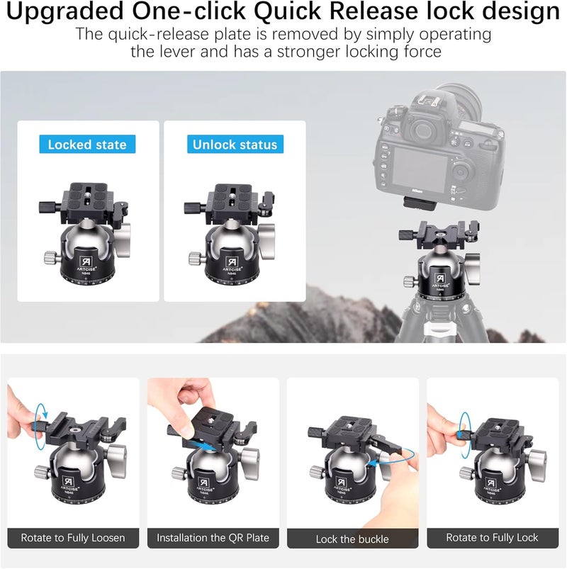 ARTCISE 46mm Low ProfileTripod Ball Head with Lever Release Heavy Duty Ball Head Camera Ball Head with Arca Swiss Quick Release Plate for Camera Tripod Monopod DSLR Camcorder Telescope Max Load 55lbs - Image 2